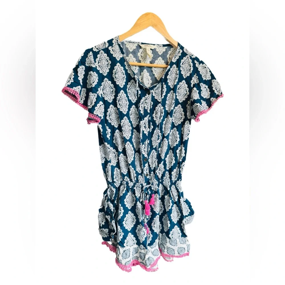 Cottagecore Chic Summer Romper –Navy & White with Pink Tassel Accents Size Small - Picture 2 of 3